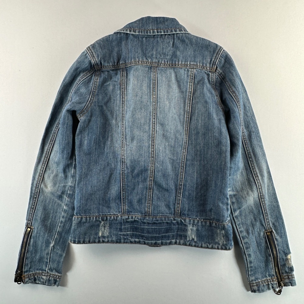 Billabong Womens Denim Moto Jacket Distressed Blue Zipper Sleeve Retro Sz Medium - Picture 3 of 14